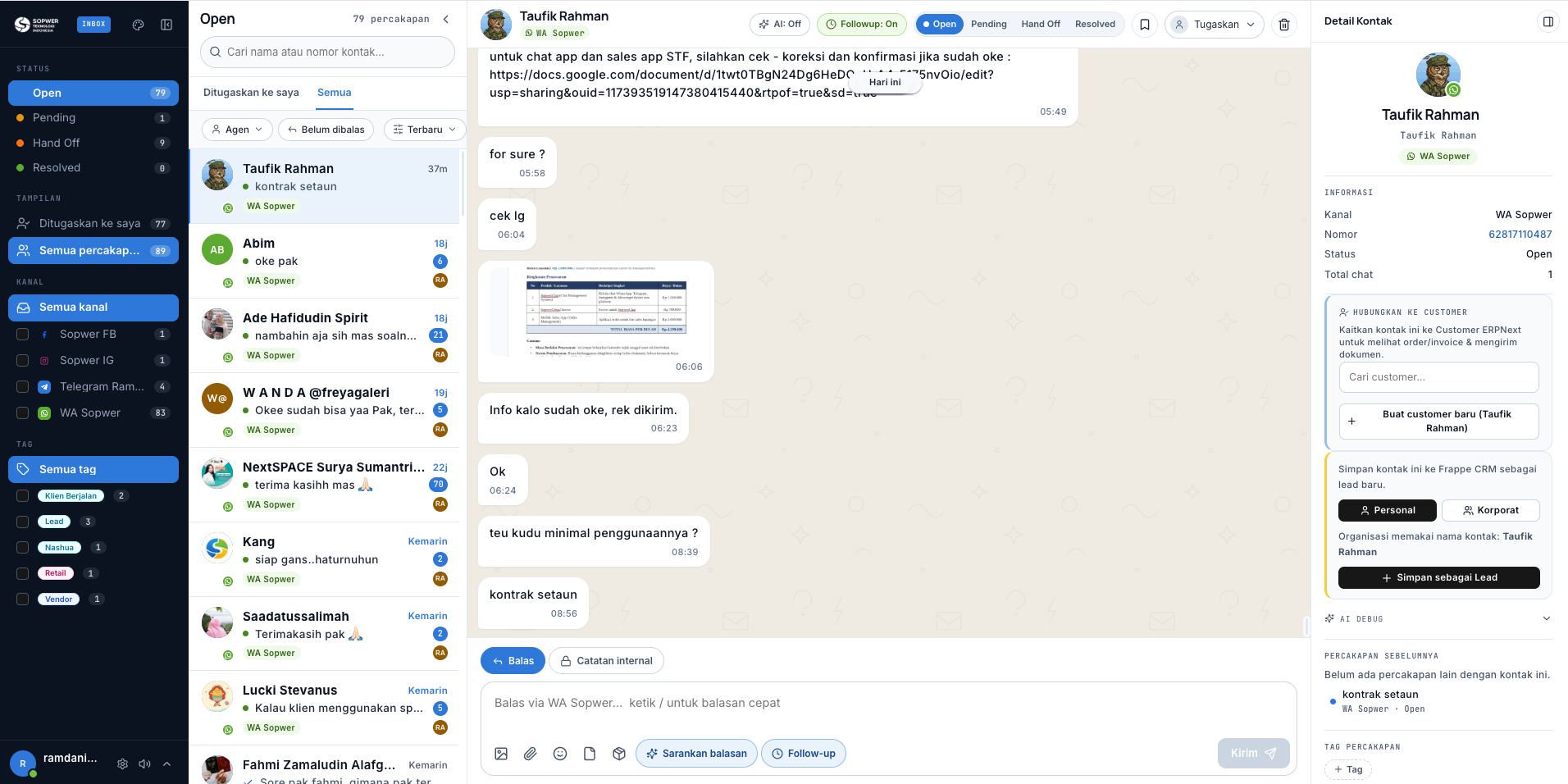Tampilan tiga panel Sopwer Inbox